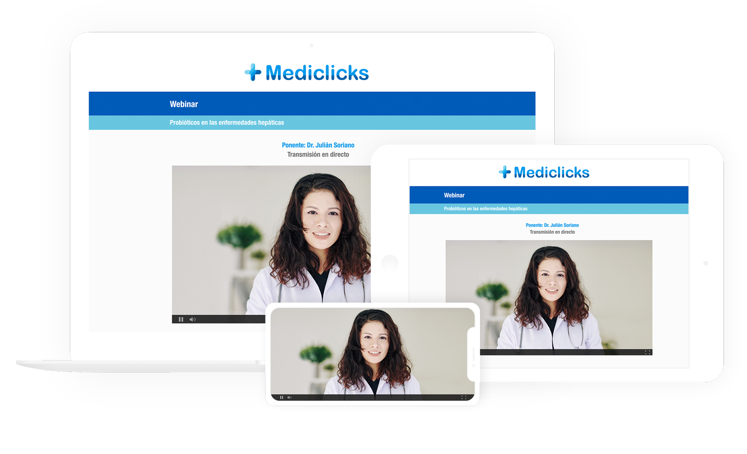 devices-white-2 Mockup de médico de + Mediclicks haciendo un webinar en directo por teléfono, tablet y portátil