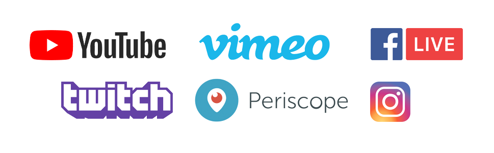 Logos de Youtube, Vimeo, Facebook Live, Twitch, Periscope e Instagram